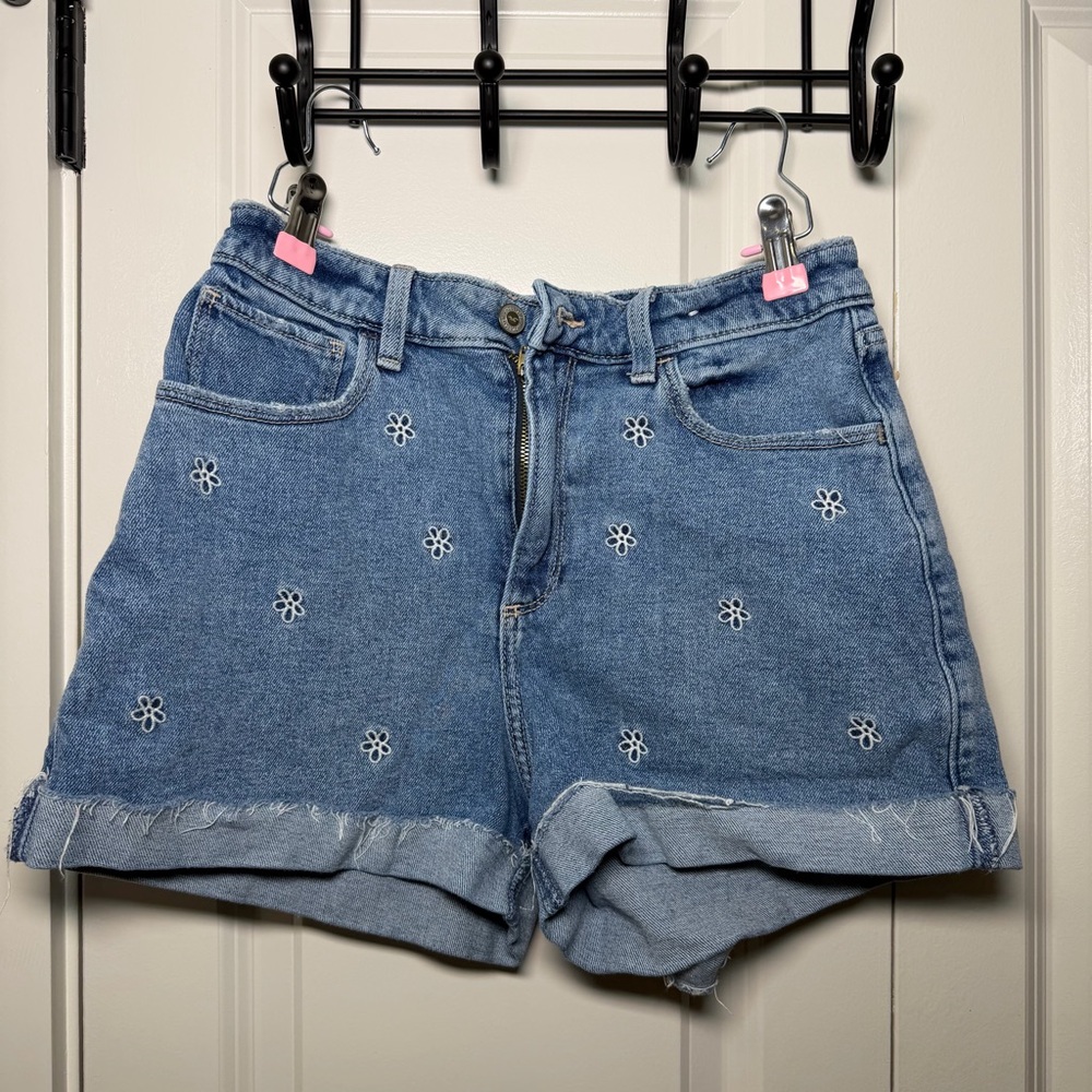 Hollister Blue Denim Shorts with Floral Embroidery